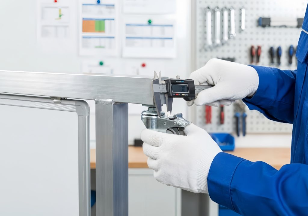 Worker measuring the frame of a rolling white board with calipers