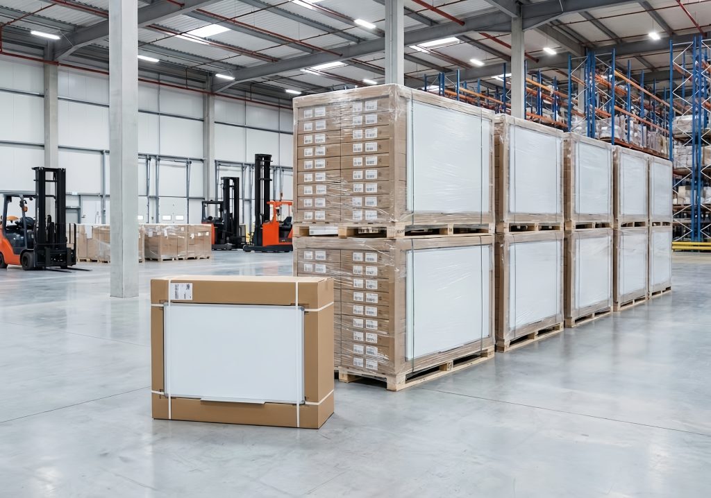 Rolling white boards stacked on pallets in a spacious warehouse setting