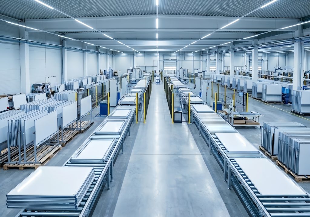 Large warehouse interior filled with rolling white boards on metal racks