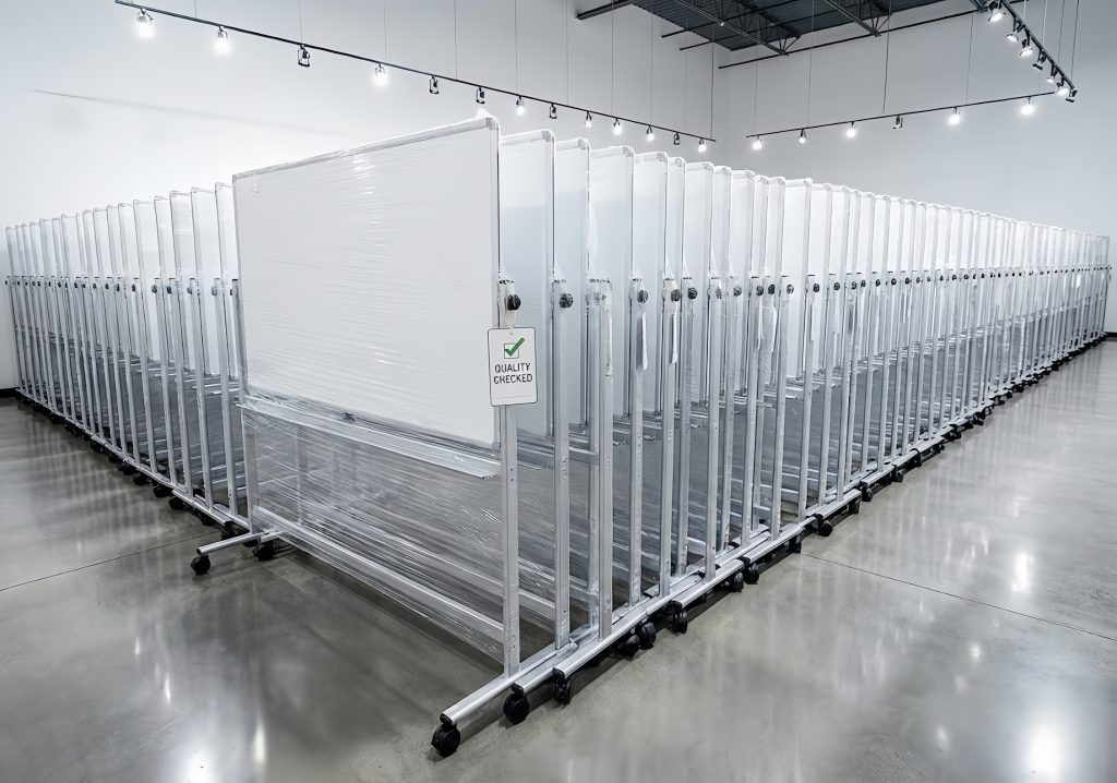 Rolling white boards stacked in a warehouse, ready for distribution
