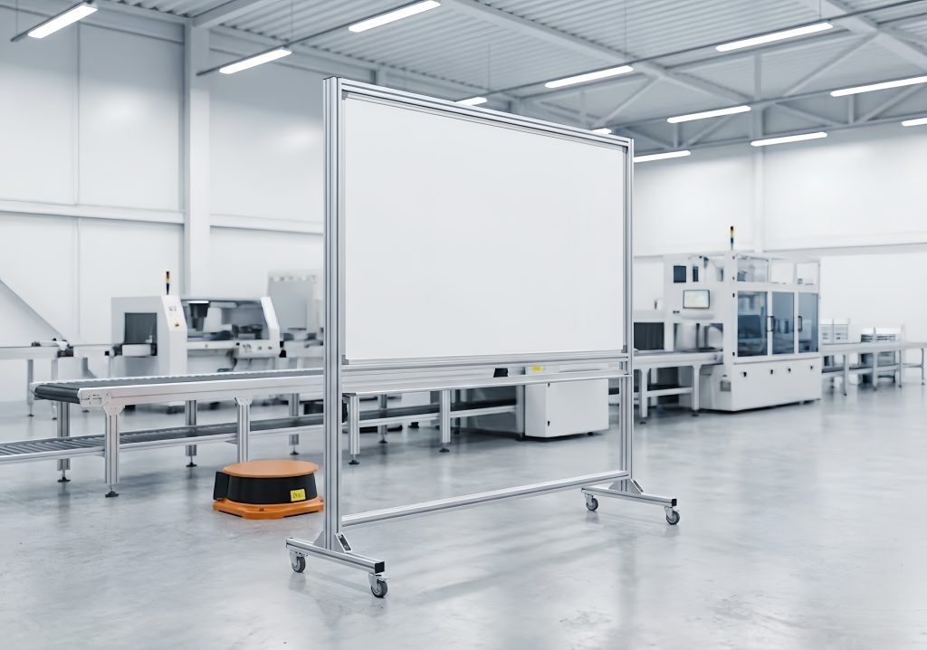 Rolling white board on wheels in a modern industrial workspace