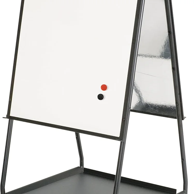 Rolling white board on a sturdy metal frame with a black and red marker holder