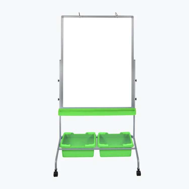 Rolling white board with green storage bins on a mobile stand