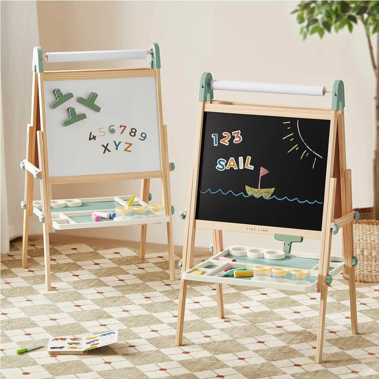 Rolling white board with chalkboard and whiteboard surfaces for kids' creative activities