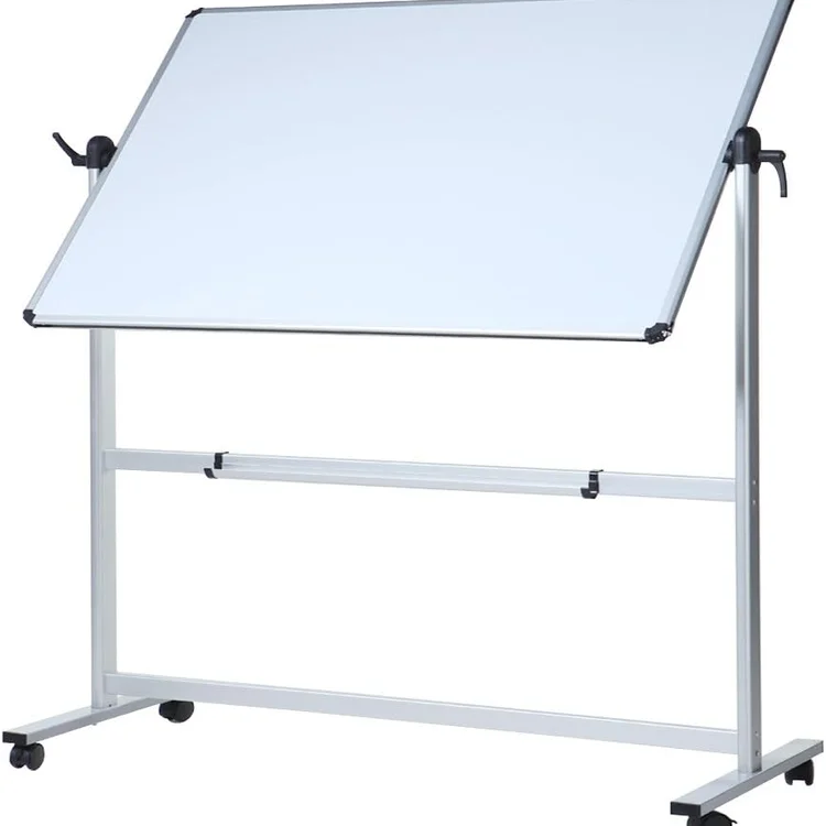 Rolling white board on a wheeled stand, adjustable angle for presentations