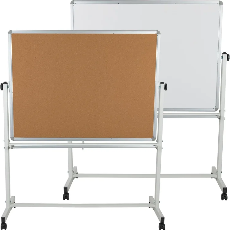 Rolling white board with a corkboard surface on a mobile stand