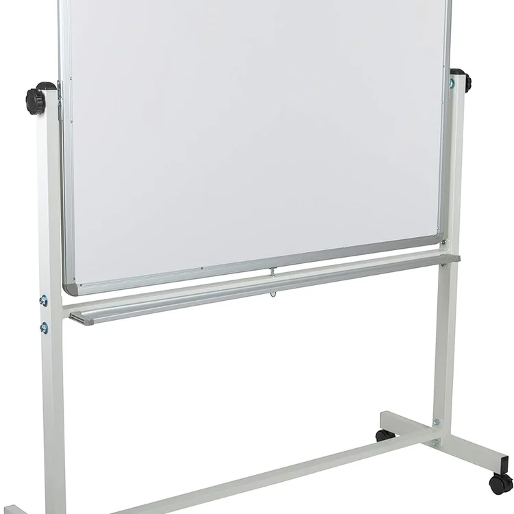 Rolling white board on a mobile stand with adjustable height and wheels
