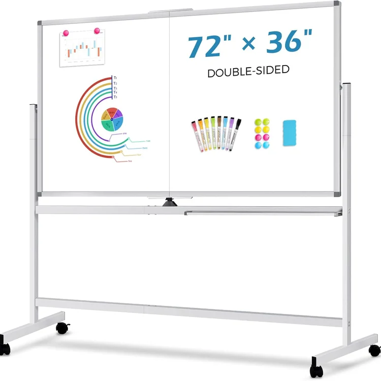 Double-sided rolling white board with colorful markers and charts displayed