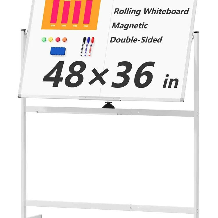 Rolling white board with double-sided surface and colorful markers displayed