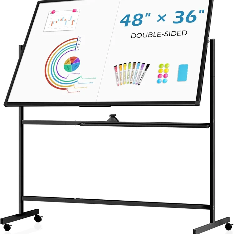 Double-sided rolling white board with colorful markers and charts displayed