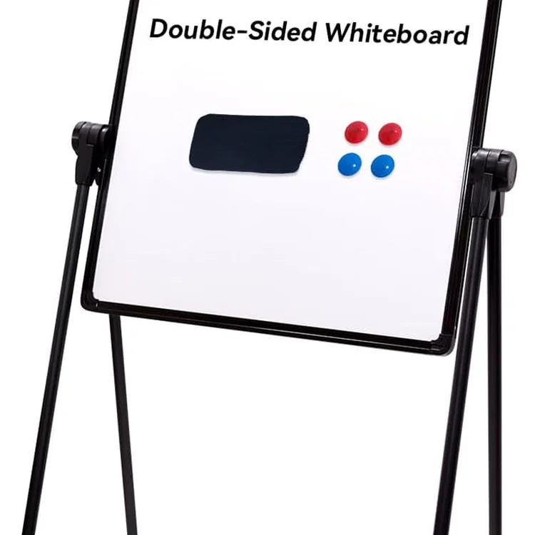 Double-sided rolling white board with colorful magnets and a black marker holder