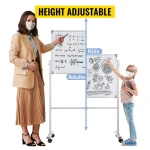 Height adjustable rolling white board with adult and child using it for learning activities