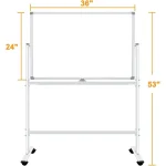 Rolling white board with adjustable height and dimensions of 36 by 24 inches