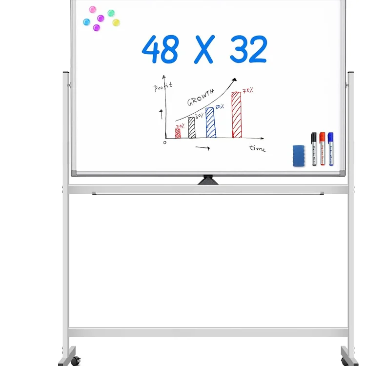 Rolling white board with colorful markers and growth chart illustration