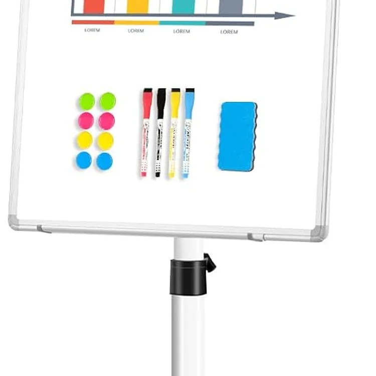 Rolling white board with colorful markers, eraser, and magnets displayed below.