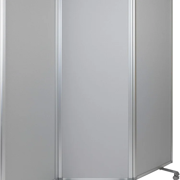 Rolling white board with a sleek gray surface and silver frame.