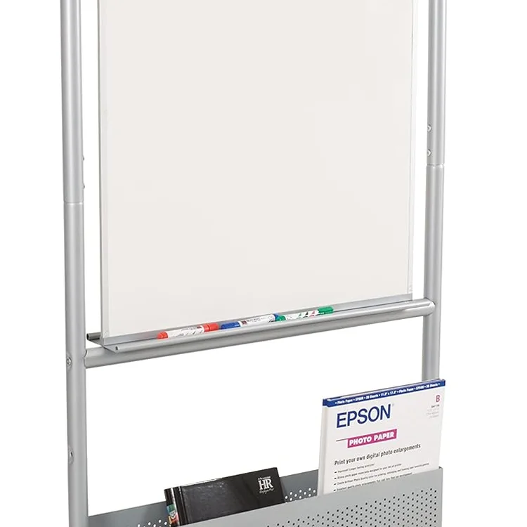 Rolling white board with markers and storage for documents below