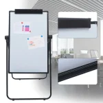 Rolling white board with black frame and documents attached in modern office setting