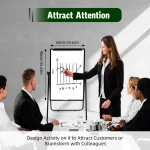 Business meeting with a woman presenting on a rolling white board to colleagues