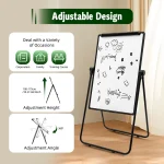 Adjustable rolling white board with various drawings and notes displayed on it