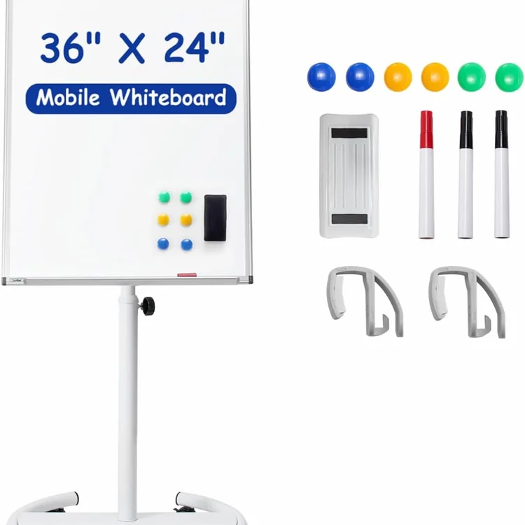 Mobile rolling white board with colorful markers and magnets on a stand
