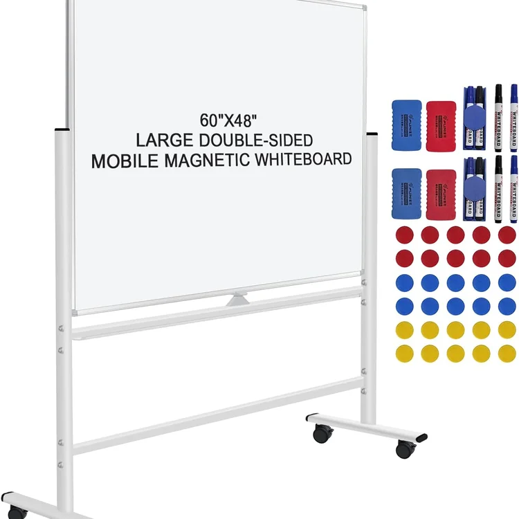 Large double-sided rolling white board with markers and magnets on a stand