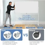 Rolling white board on wheels being demonstrated on various floor types for mobile convenience