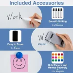 Included accessories for rolling white board: markers, eraser, magnets, and colorful sticky notes.