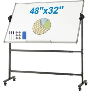 Rolling white board with a pie chart illustration and markers on display