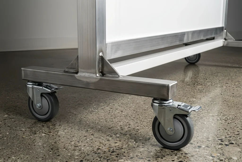 Rolling white board with sturdy metal base and smooth-rolling casters