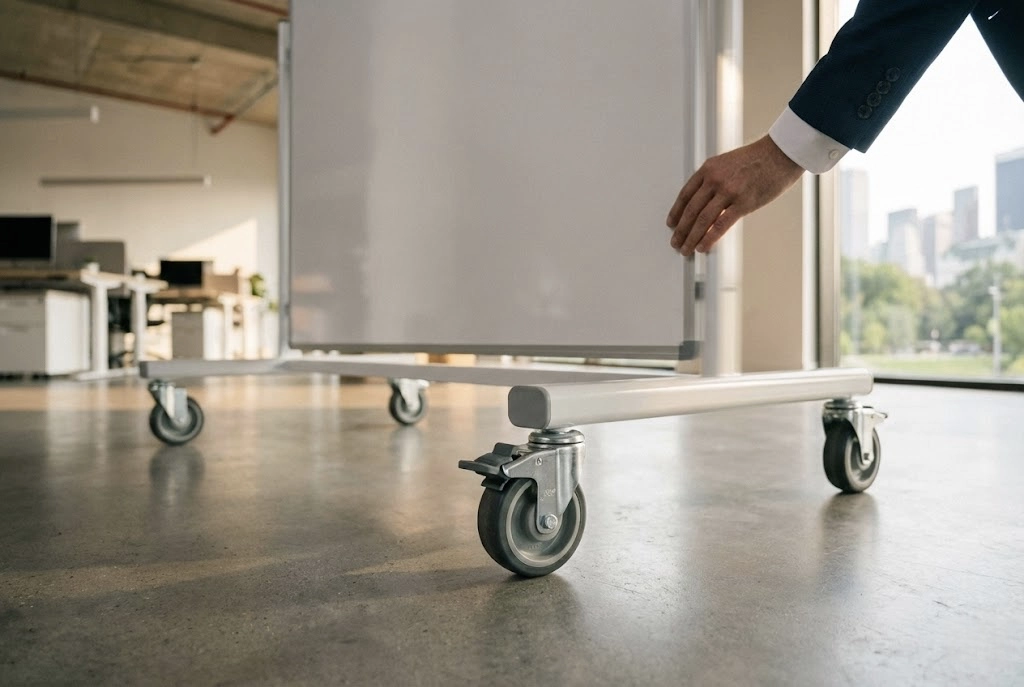 Rolling white board on wheels being adjusted in a modern office space