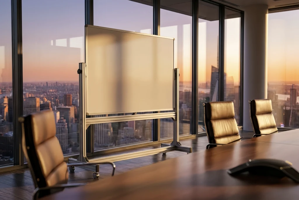 Rolling white board in modern office with city skyline view at sunset